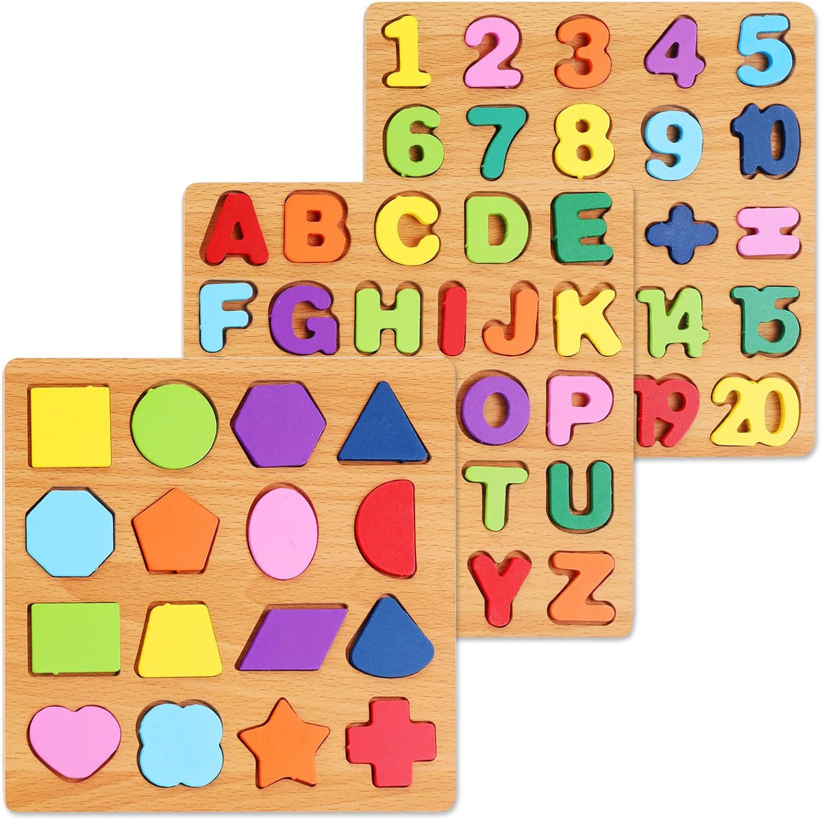 Wooden Puzzles for Kids Ages 3-5, 3 Pack ABC, Number and Shape