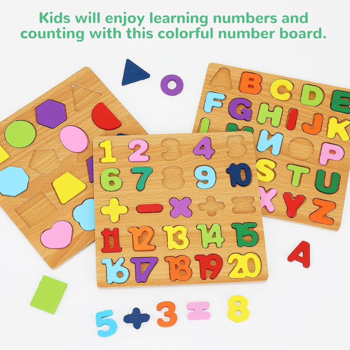 Wooden Puzzles for Kids Ages 3-5, 3 Pack ABC, Number and Shape