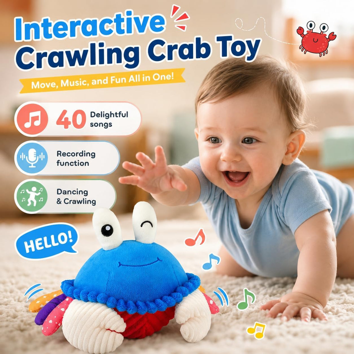Interactive Crawling Crab Toy, Musical with 40 Songs