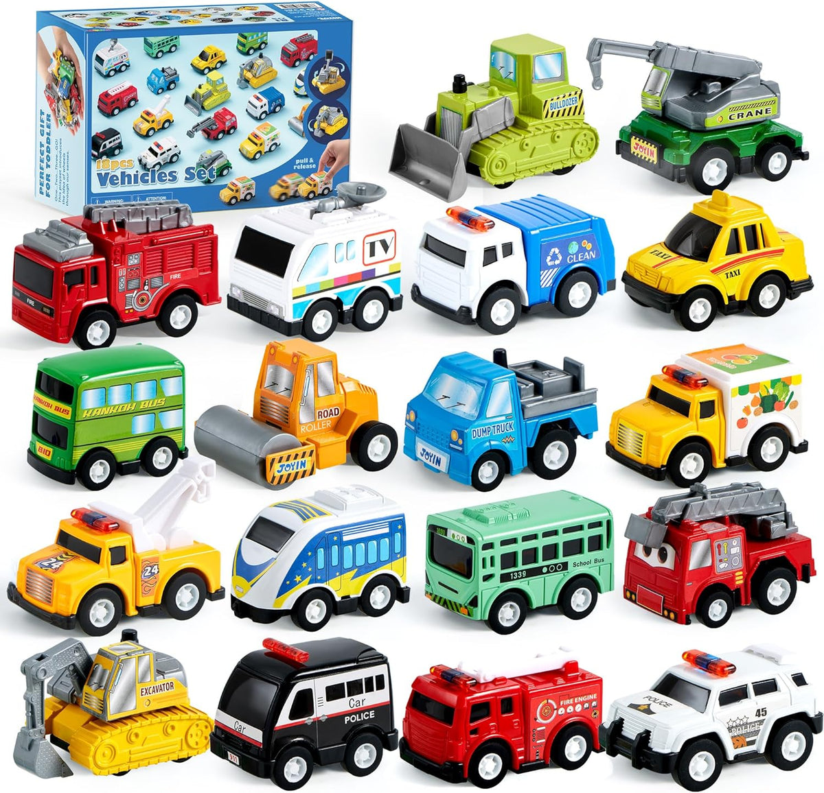18 Pcs Pull Back City Cars and Trucks