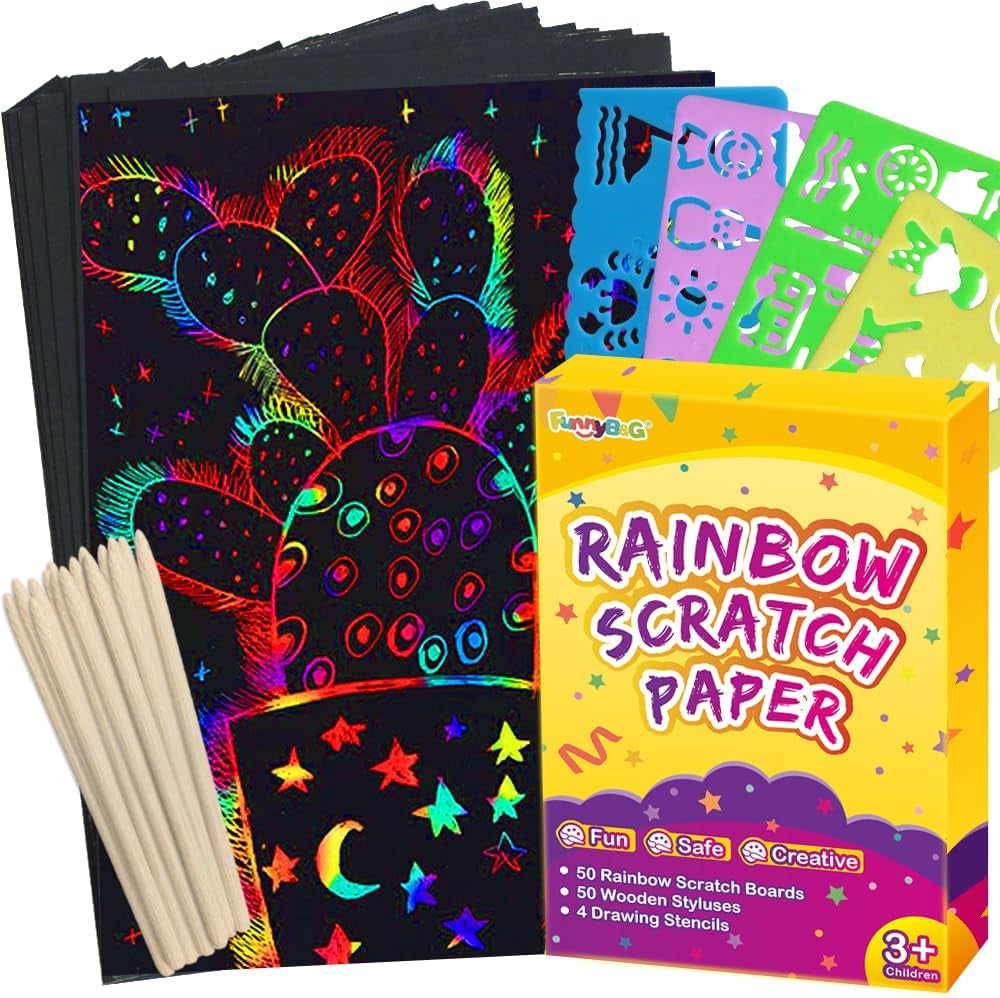100 Pcs Rainbow Scratch Paper Art Kit