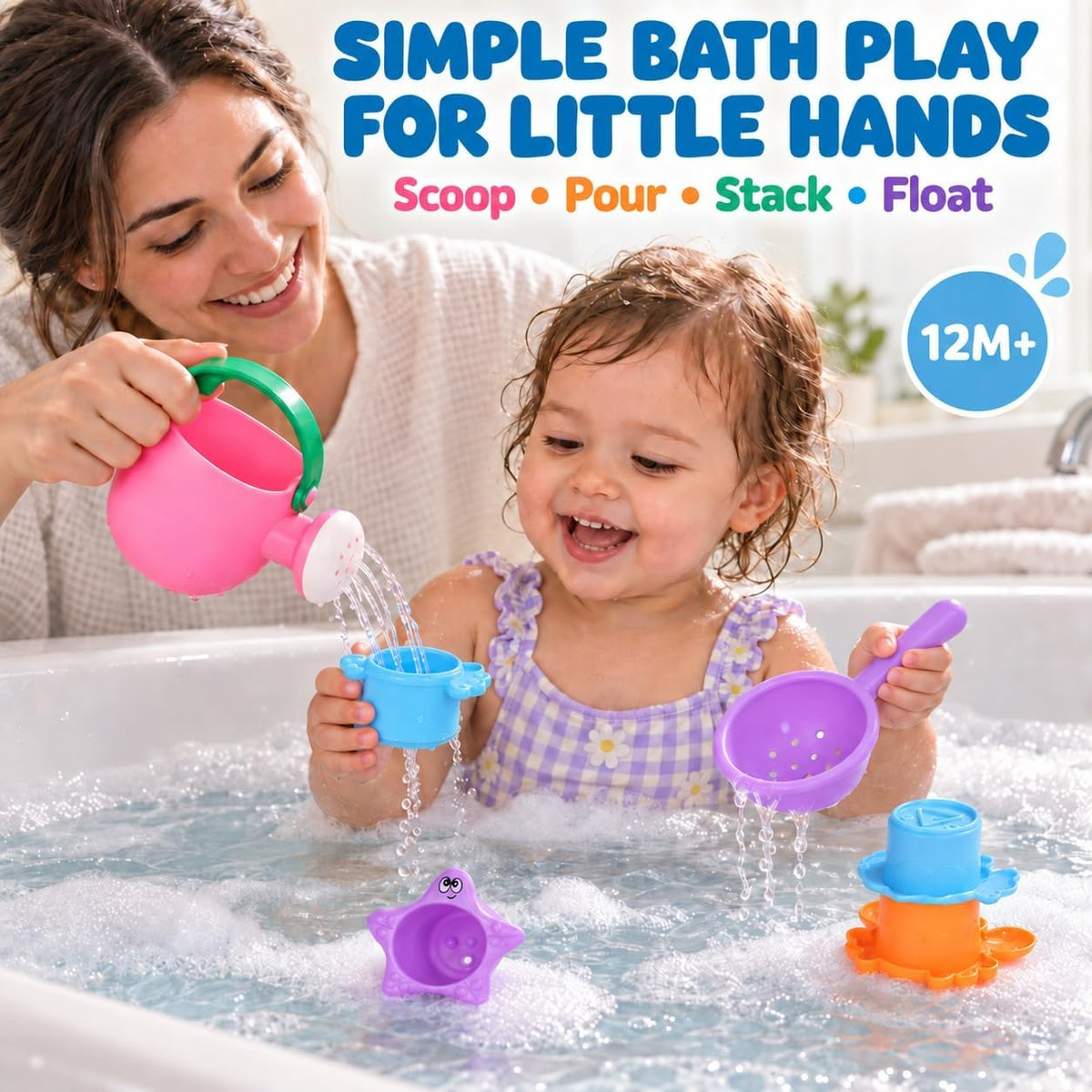 Toddler Bath Toys Stack, Scoop & Pour Set, Ages 1-3