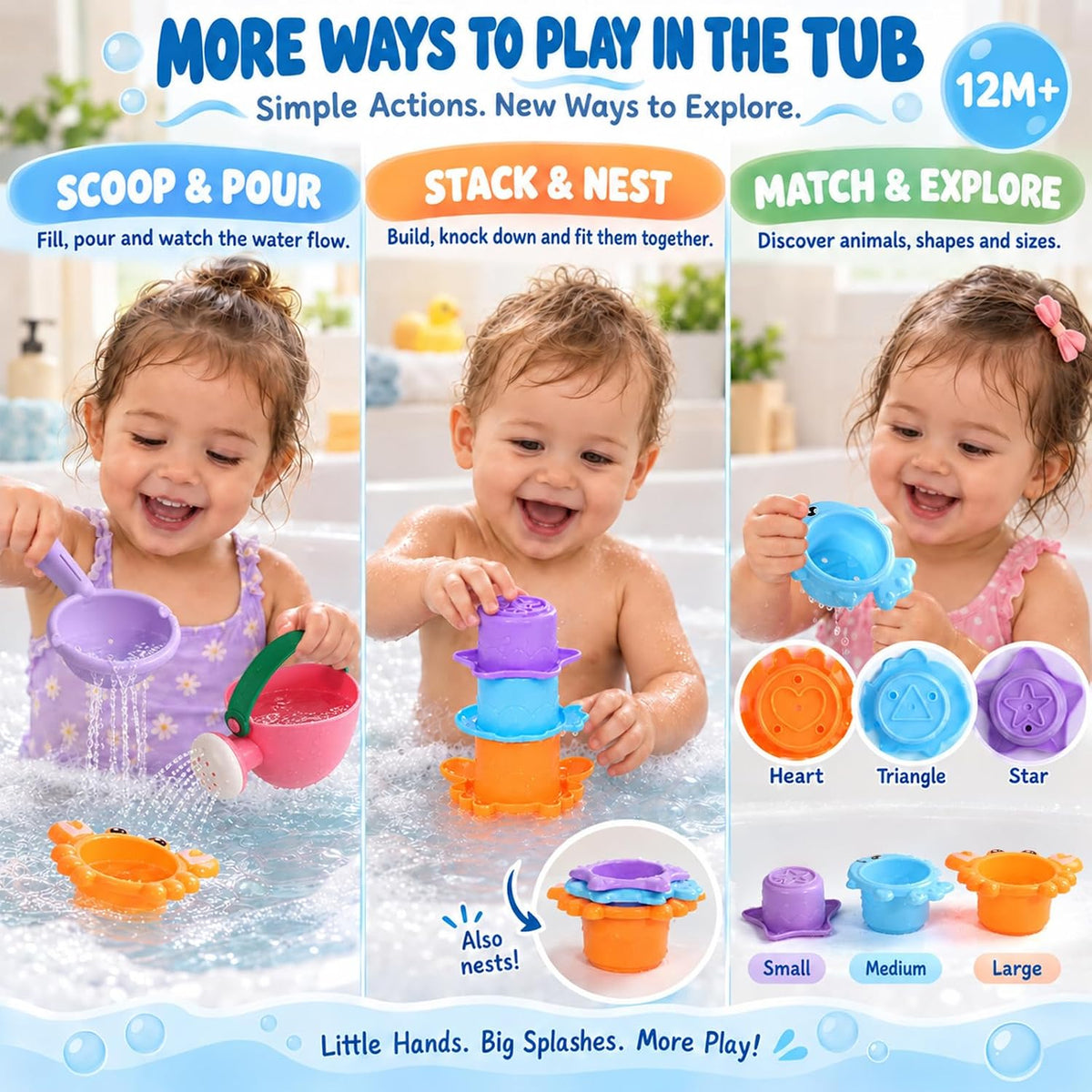 Toddler Bath Toys Stack, Scoop & Pour Set, Ages 1-3