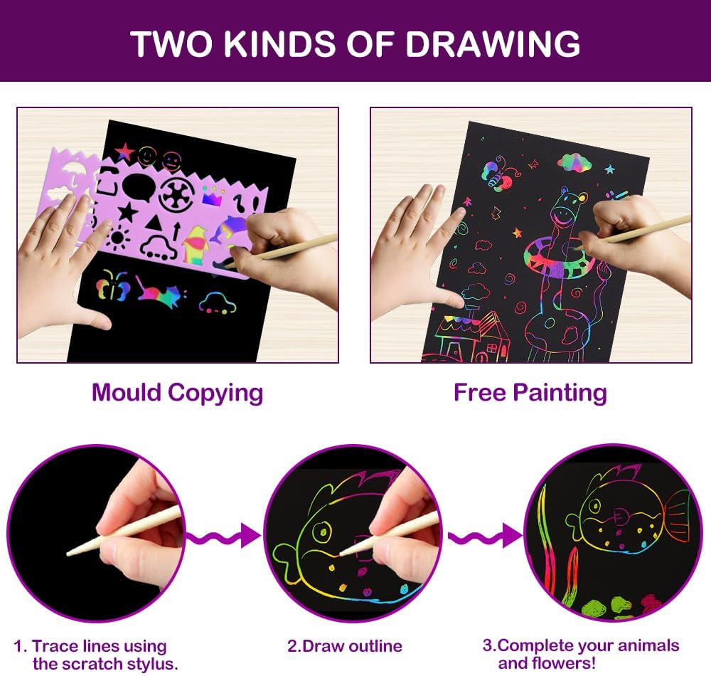 100 Pcs Rainbow Scratch Paper Art Kit